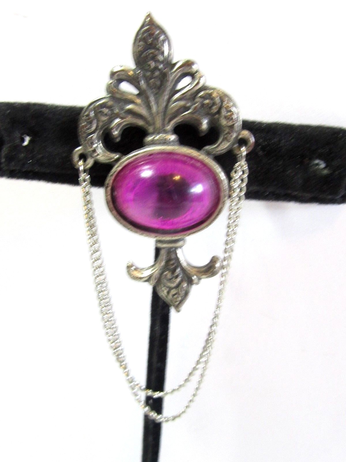 DARKENED SILVER TONE FLEUR DE LIS PURPLE STONE DANGLE CHAIN LAPEL PIN BERGERE