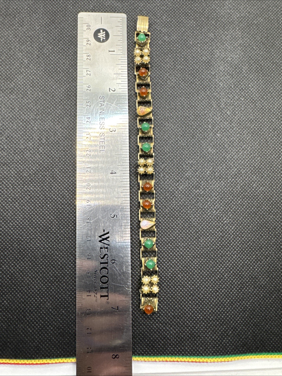 CC1127 Vtg Victorian Revival Book Chain Bracelet Faux Pearl, Opal, Emerald, Ruby