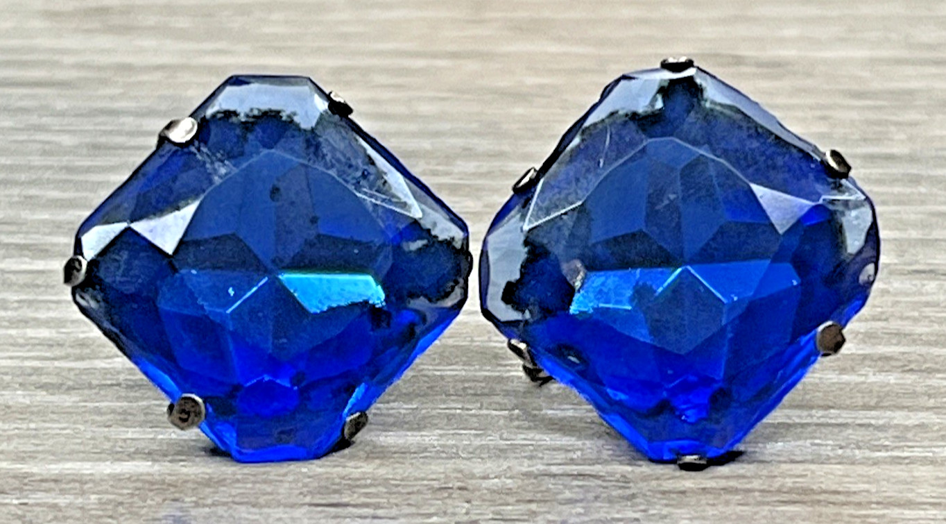 Sterling 925 Diamond Shaped Blue Rhinestone Cushion Cut Screwback Earrings VTG