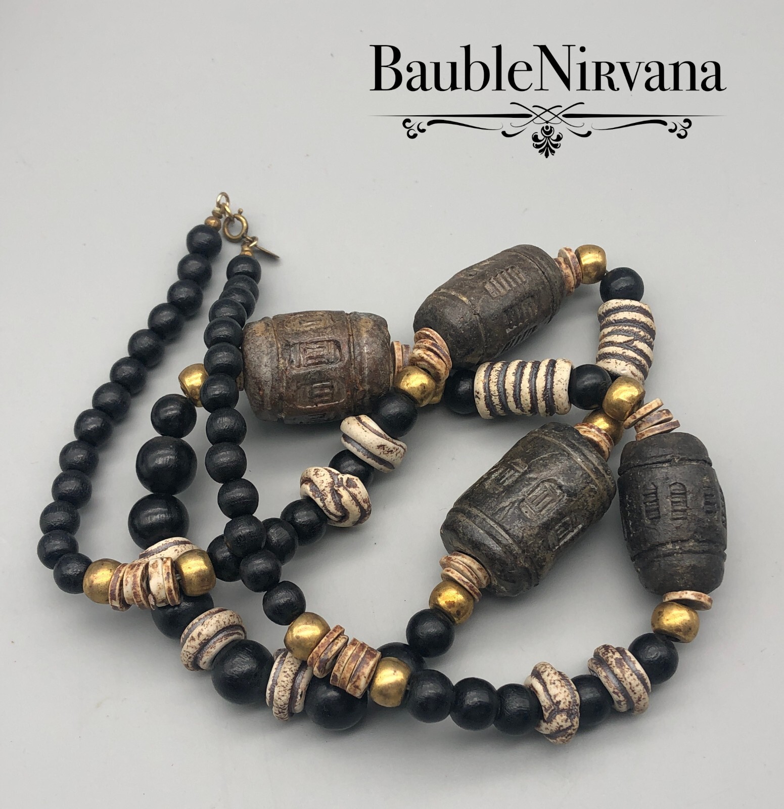 Vintage Cadoro 1980s Chunky Heavy Tribal Ceramic Wood & Brass Bead Necklace