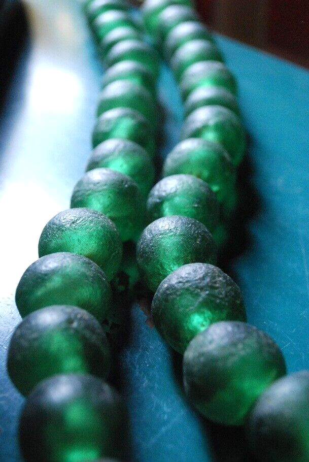 HUGE Recycled SEA GLASS STATEMENT NECKLACE Matte Green 23mm AFRICAN TRADE BEADS