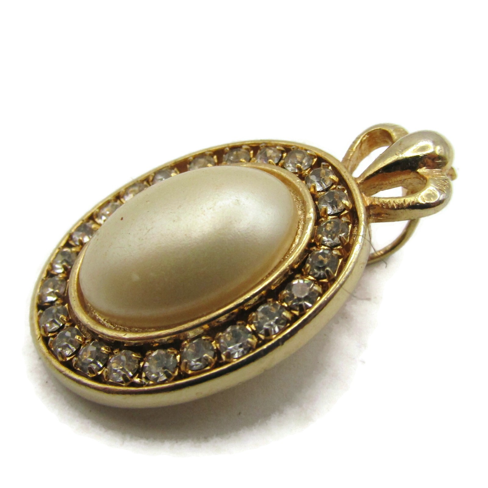 Vintage Crown Bail Pendant Oval Faux Pearl Rhinestone Halo Gold Tone Costume