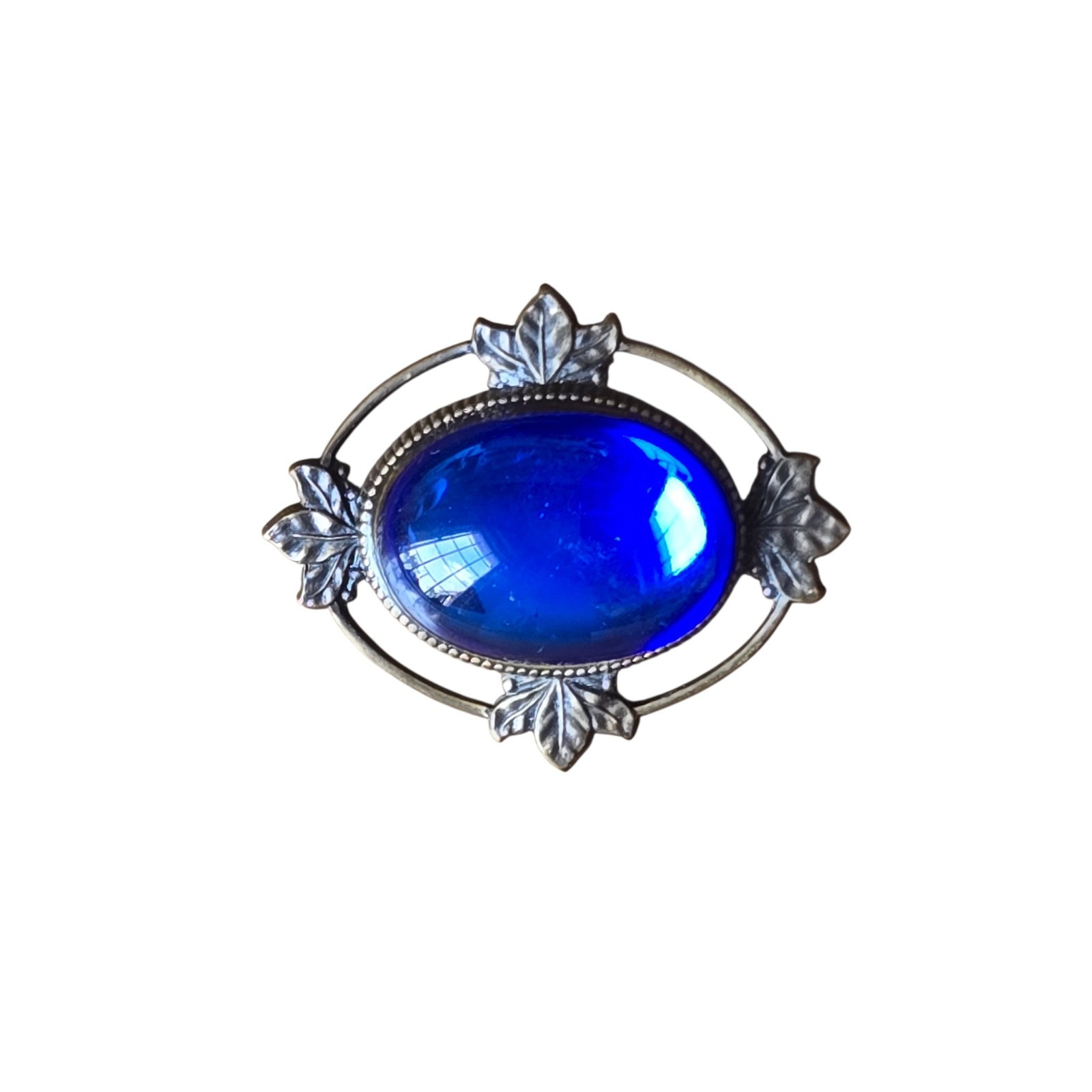 Vtg Blue Foiled Glass Cab Brooch Foliate Details Dbl Border Setting 1.5″ x 1.25″