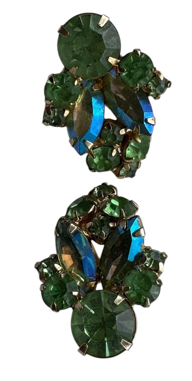 VTG Robert La Roco Green/Blue Rhinestone Clip earrings Gold Tone Fashion Bug