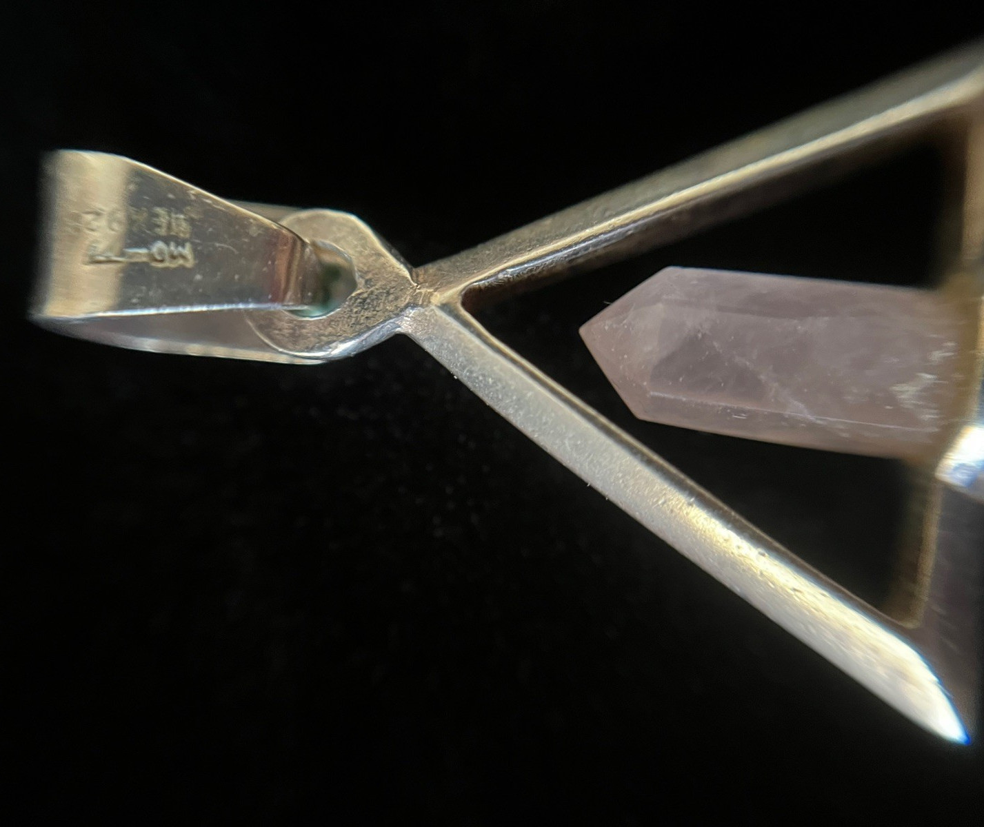 Vtg Sterling 925 Rose Quartz Crystal Pendant Taxco Mex Triangle Spiritual 2.8g