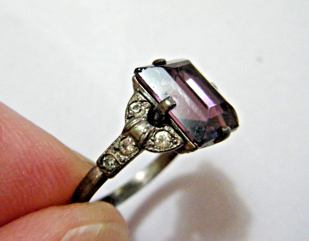 Vintage 30s Cushion Cut Amethyst Crystal Carl Art Deco Sterling Silver Ring sz 5