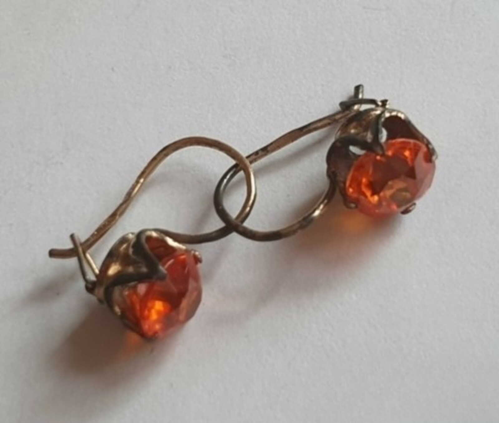 Vintage Earrings 875 ⭐ silver Soviet USSR Weight 2.6 g. Orange gem. Gilding.