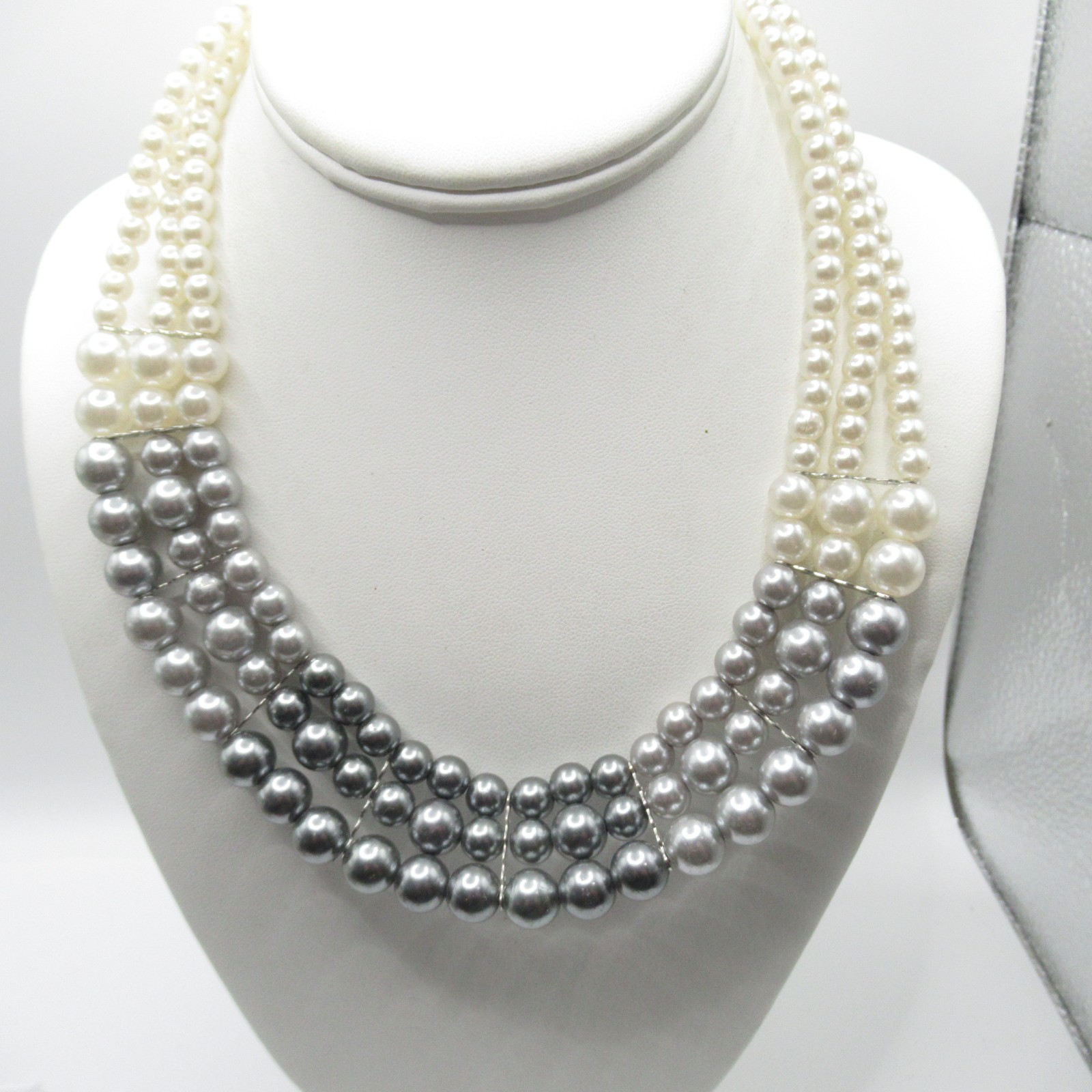 Gray and White Faux Pearl Collar Necklace Vintage