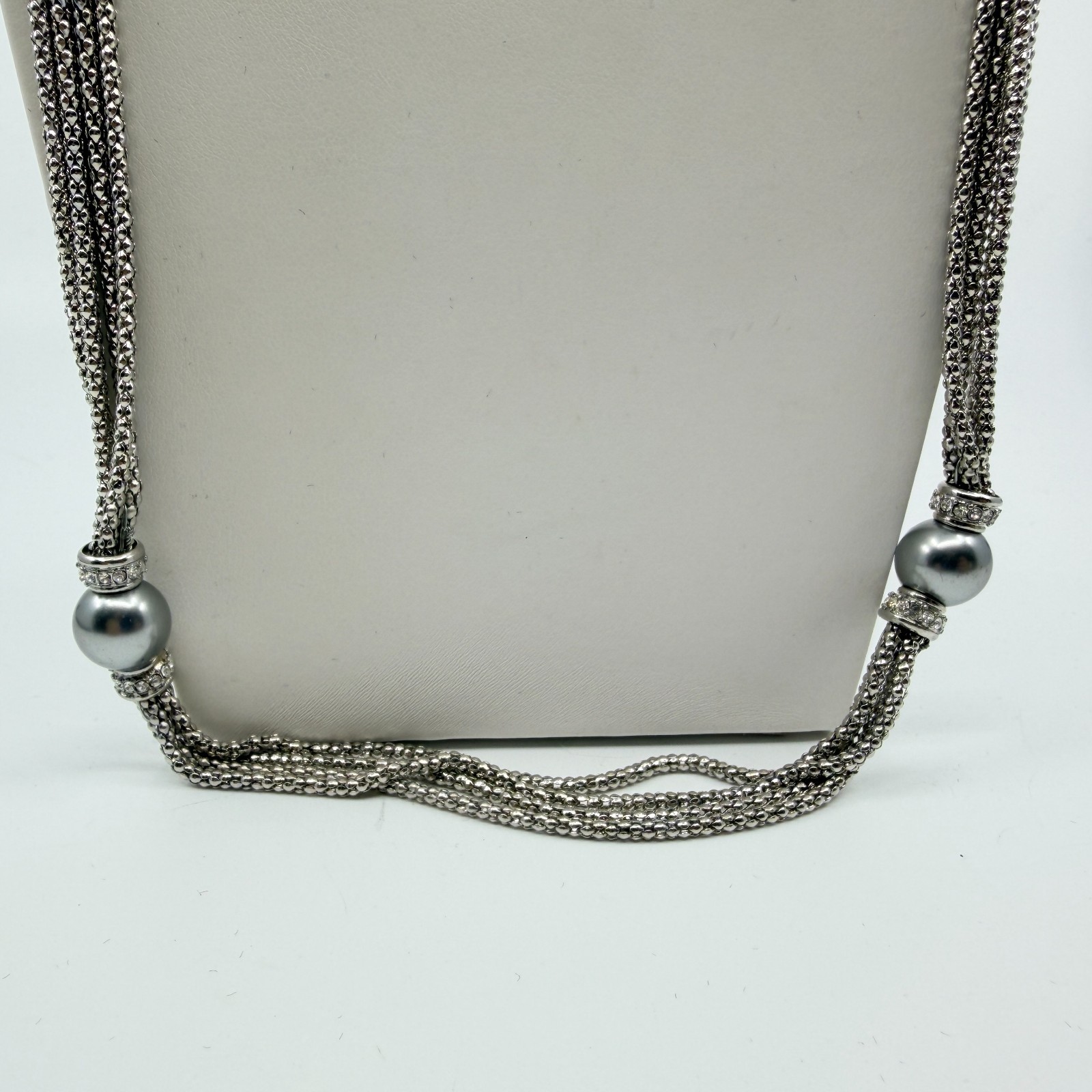 VTG Silver Tone Multi Strand Popcorn Chain Necklace Round Ball Bead Rhinestone