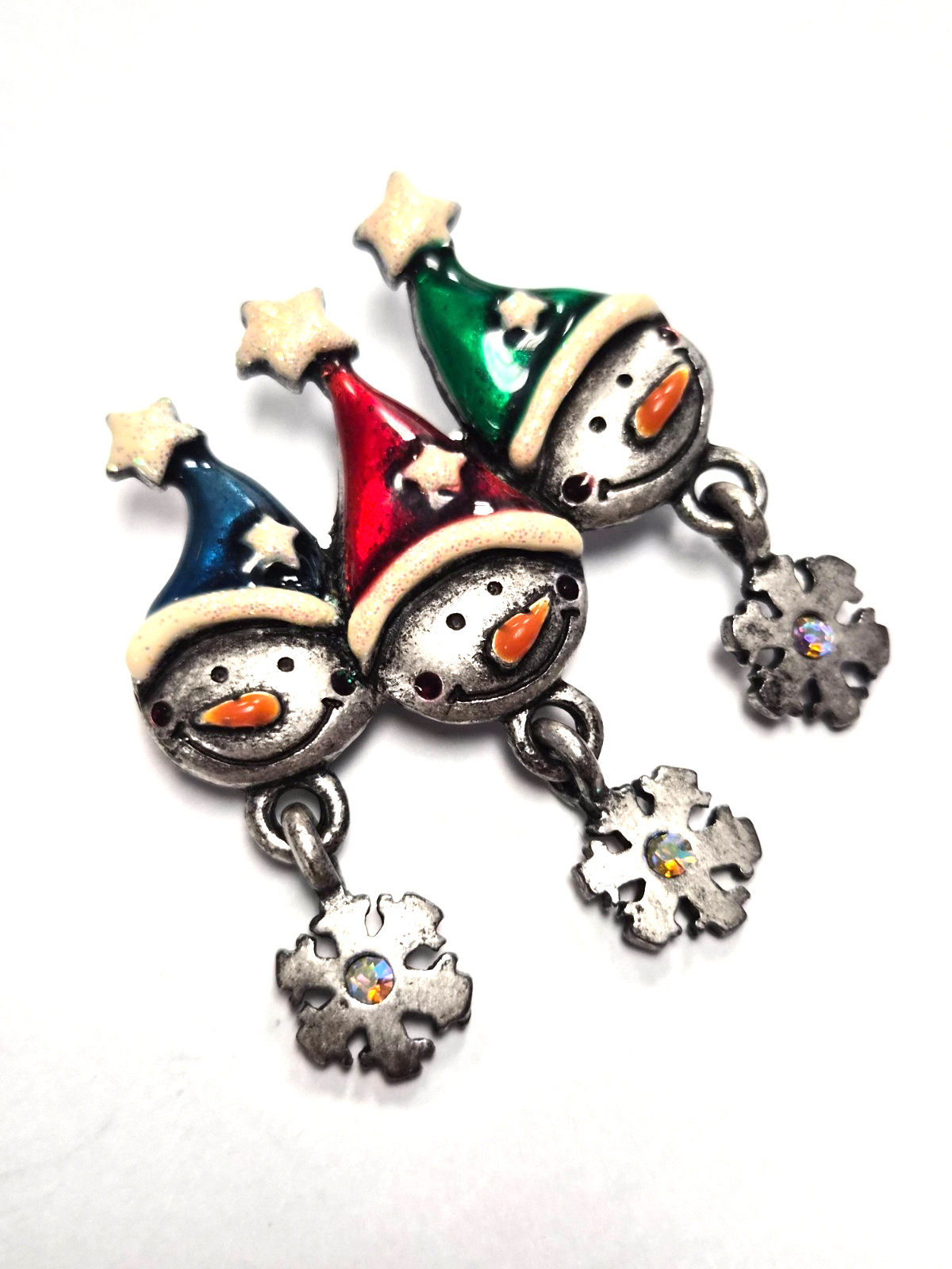 Vintage 90’s Signed AJMC Snowmen W/ Dangle Rhinestone Snowflakes Pin / Brooch