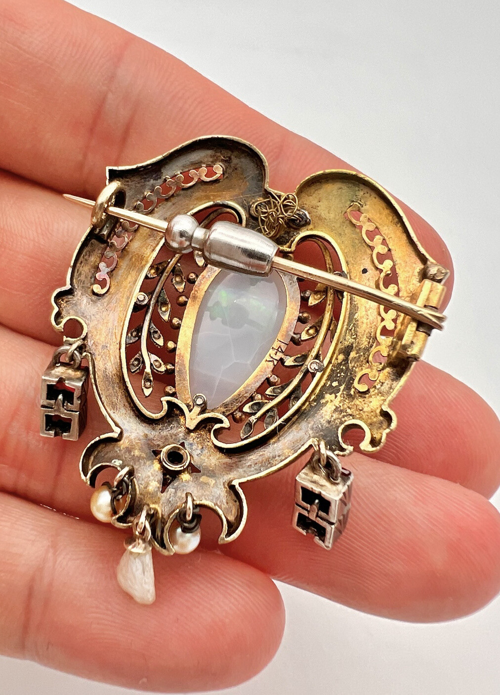 Victorian 14k Yellow Gold Rose of Sharon Opal & Ruby Emerald & Seed Pearl Brooch