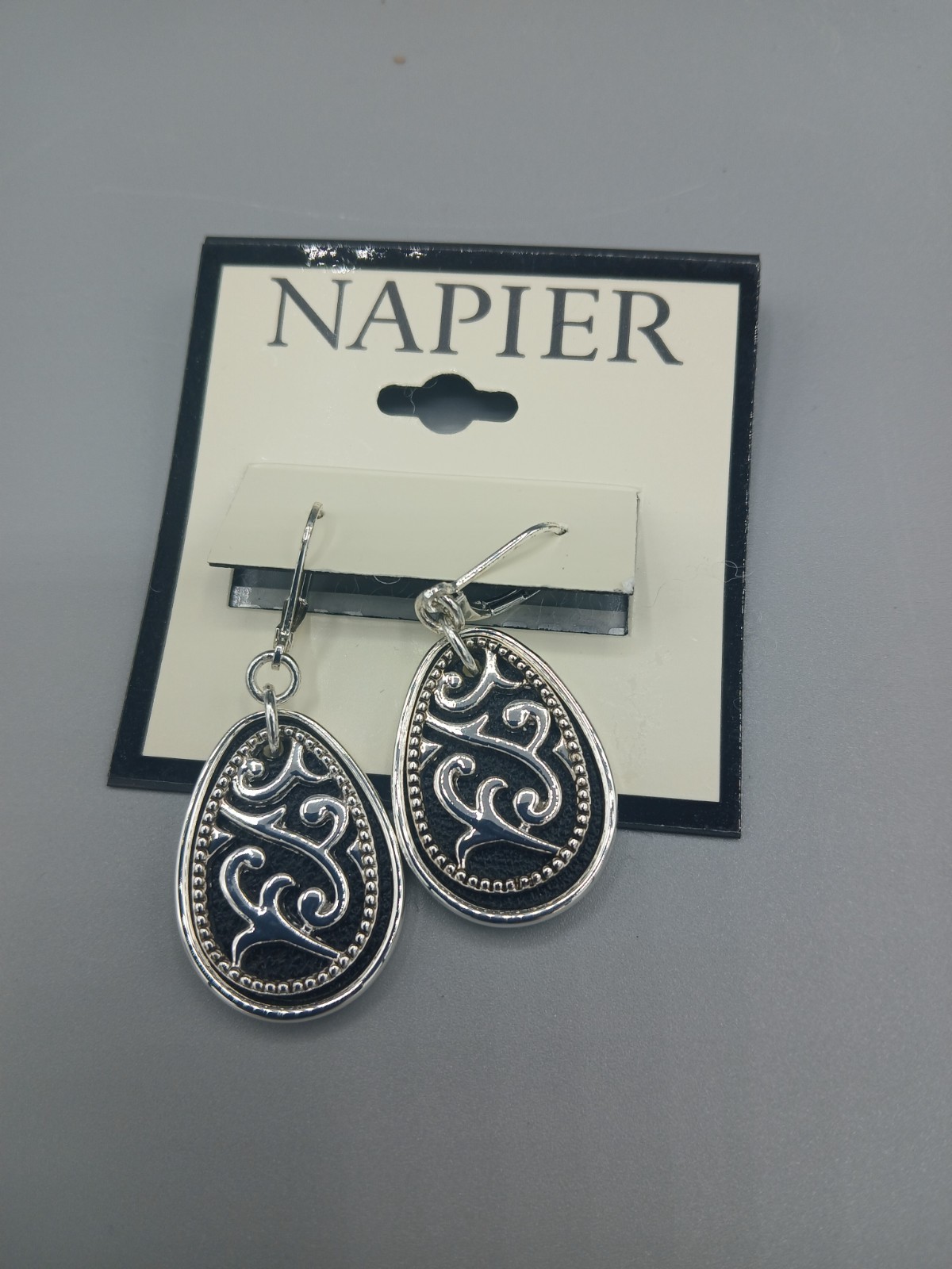 Napier Silver Tone Teardrop Filigree Drop Dangle Earrings Black Enamel Pierced N