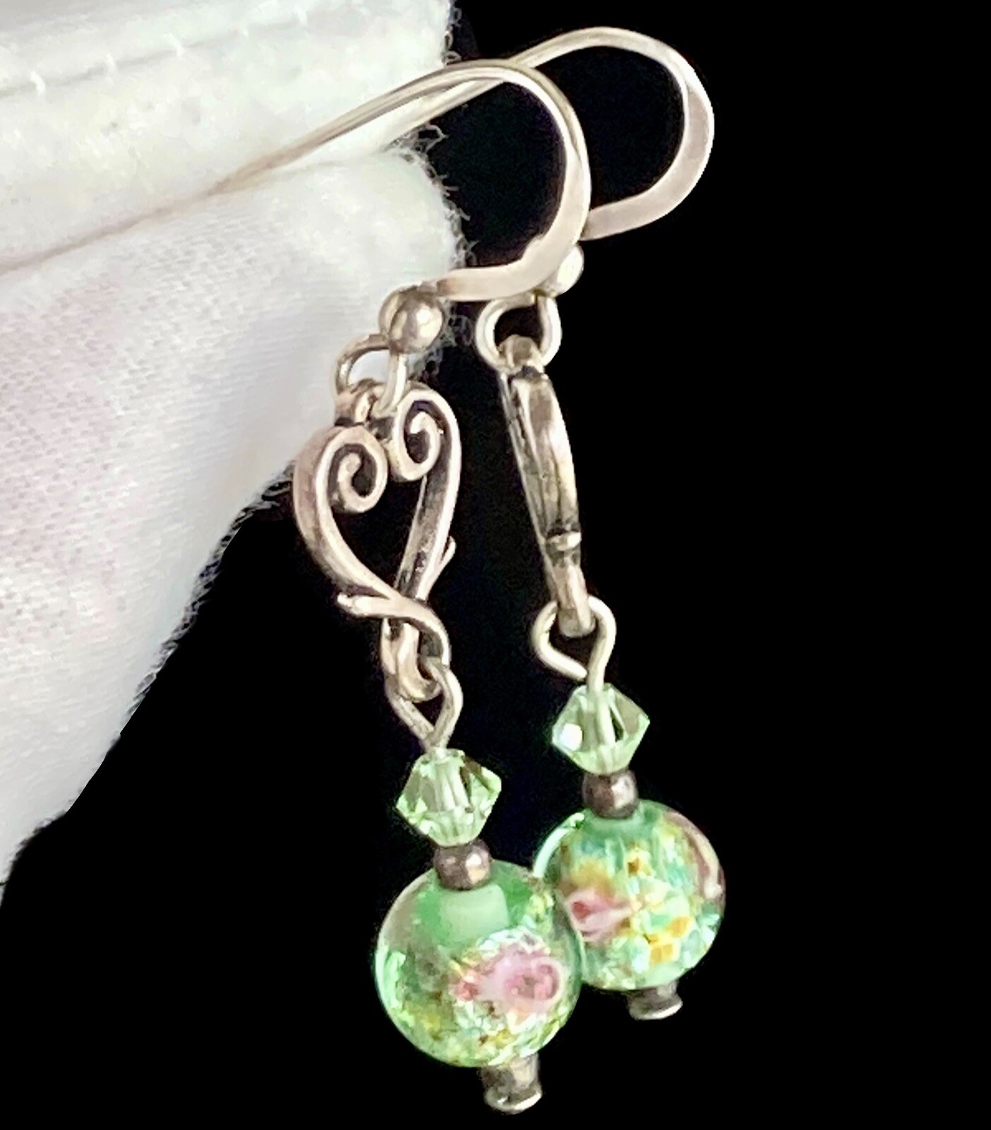Sterling Silver Heart Round Glass Bead Earrings Dangle Drop Green Pink 1.75inch