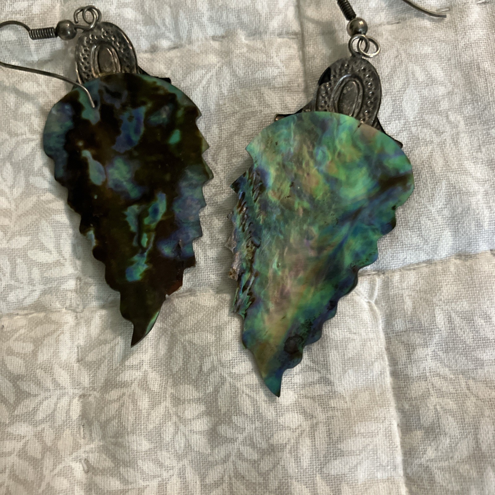 Vintage 1980s-1990s, Abalone Feather Earrings, Silver