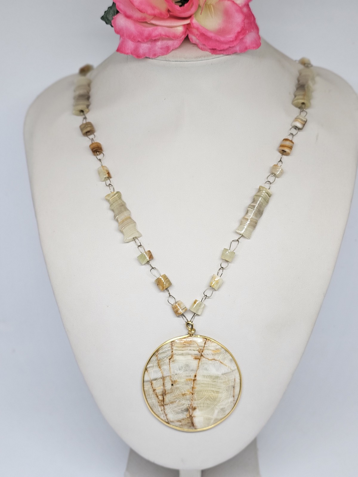 Vintage Carved Agate Beaded Necklace Etched Aztec Sun Disc Pendant