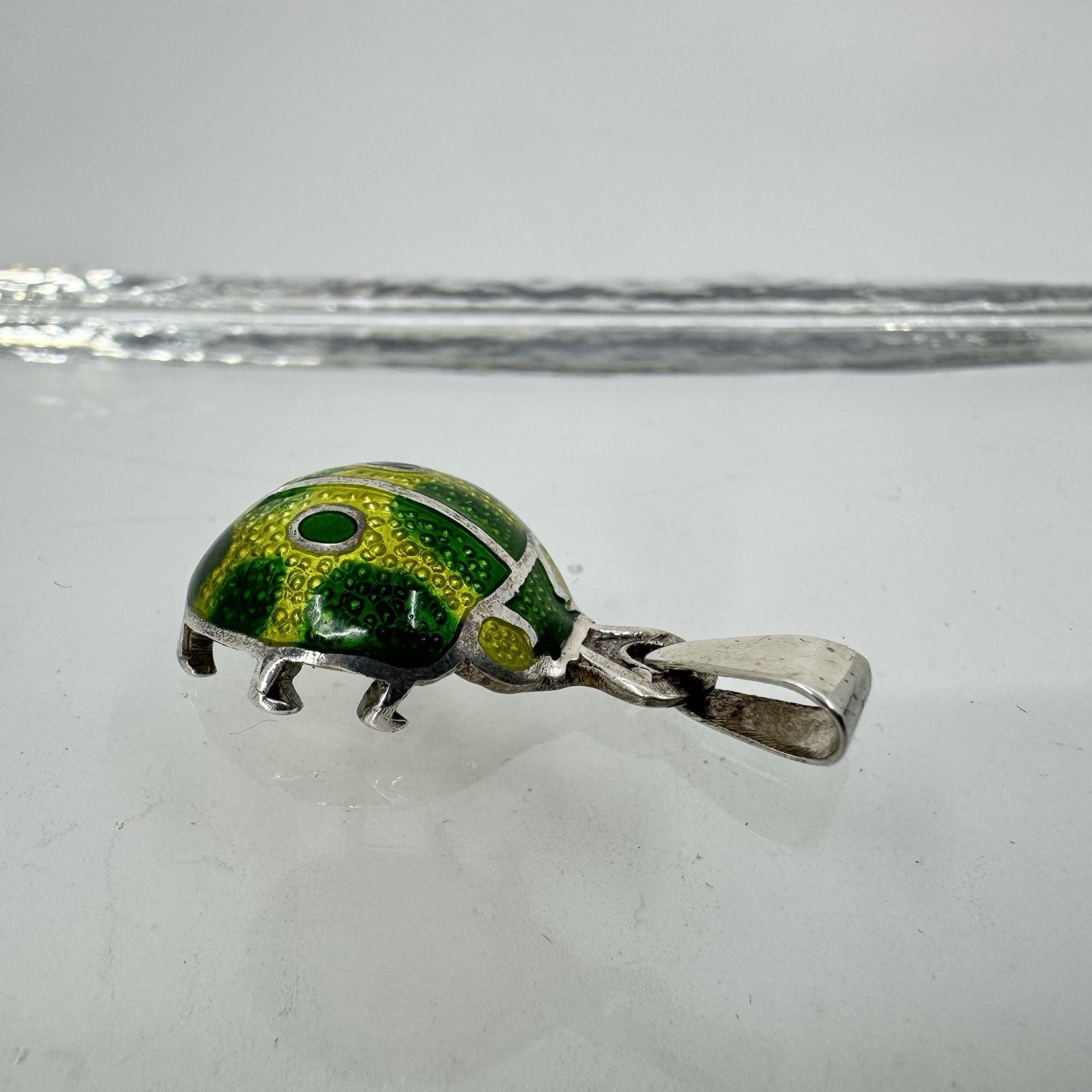 Sterling Silver 980 Bright Green Yellow Beetle Bug Pendant Signed A. Maya Mexico
