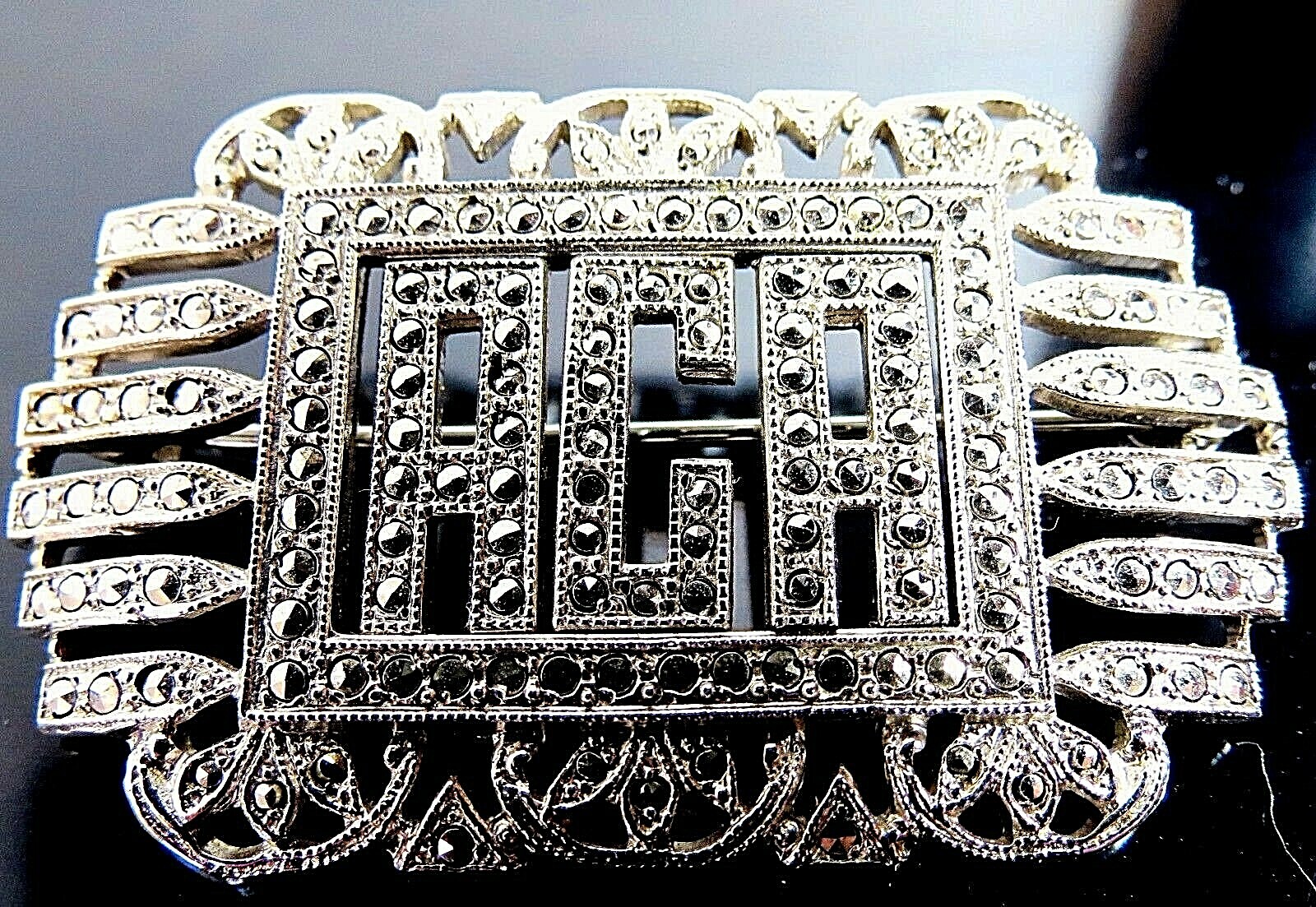 ANTIQUE LARGE LADIES STERLING SILVER ACA MARCASITE STONES PIN BROOCH 9.40 Grams