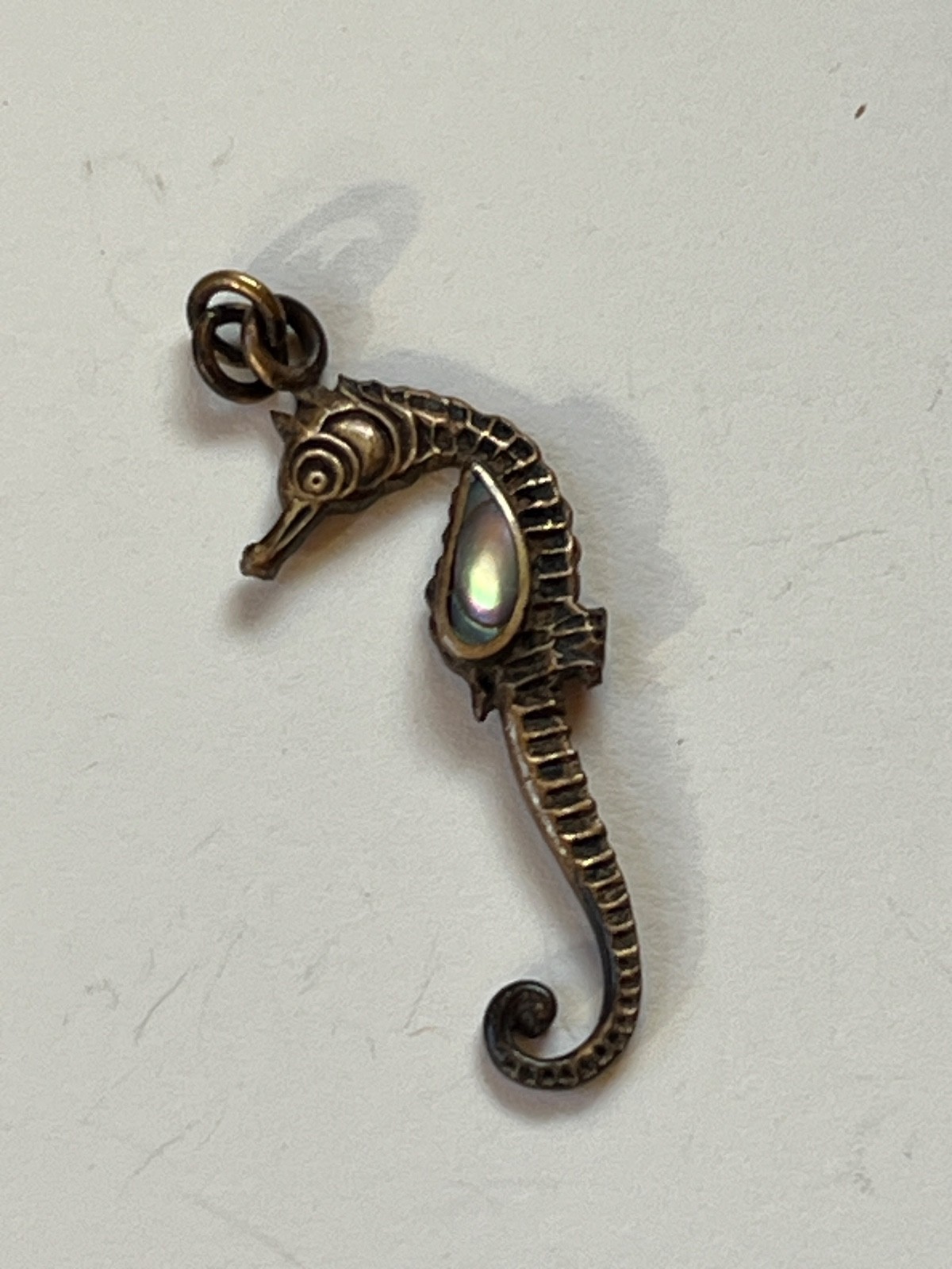Small Antique Goldtone Seahorse w Small Abalone Accent Pendant – about 1 and 1/8