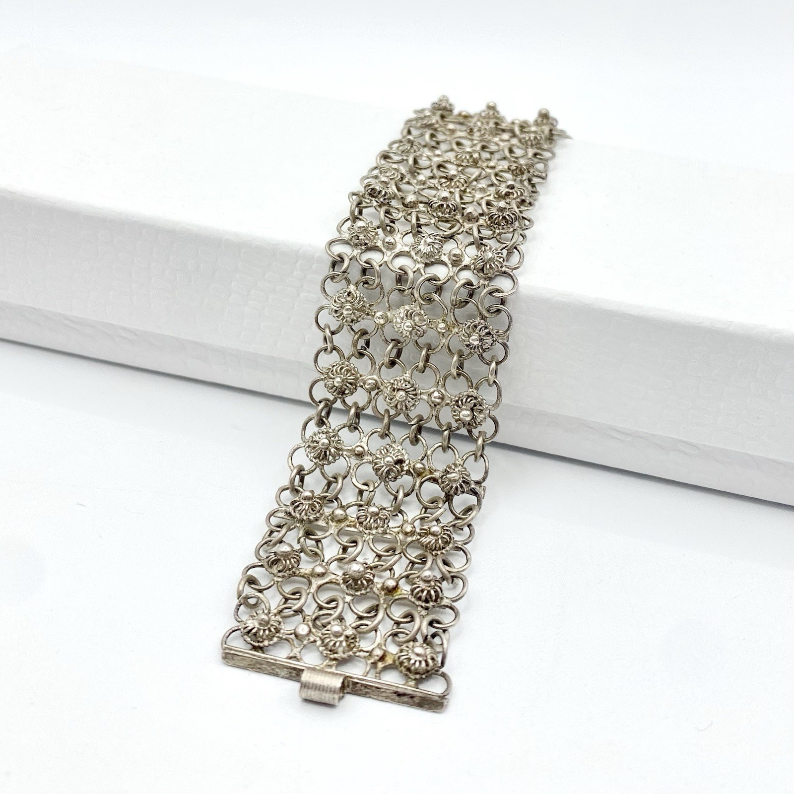 Vintage Sterling Silver Cannetille Filigree Link Bracelet Mesh Etruscan Revival