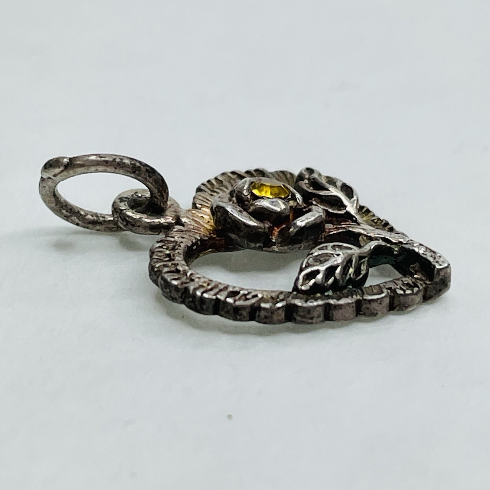 925 Sterling Silver Heart Charm Pendant Flower Yellow Rhinestone Mixed Metals