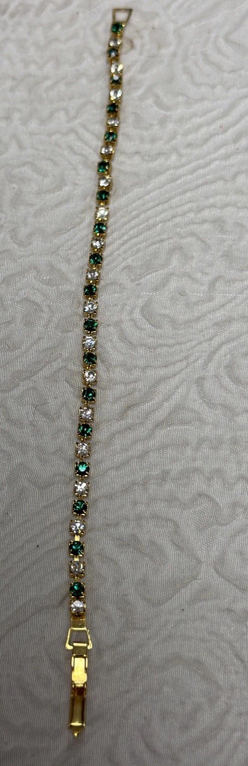 Vintage Eternity Alternating Emerald and Crystal Gold Plated 6.5” Bracelet