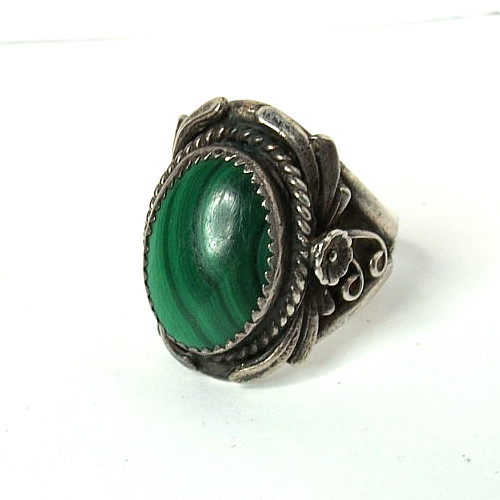 VTG MALACHITE NAVAJO 925 STERLING SILVER SC GREEN RING SIZE 9 & TOP 26MM WIDE