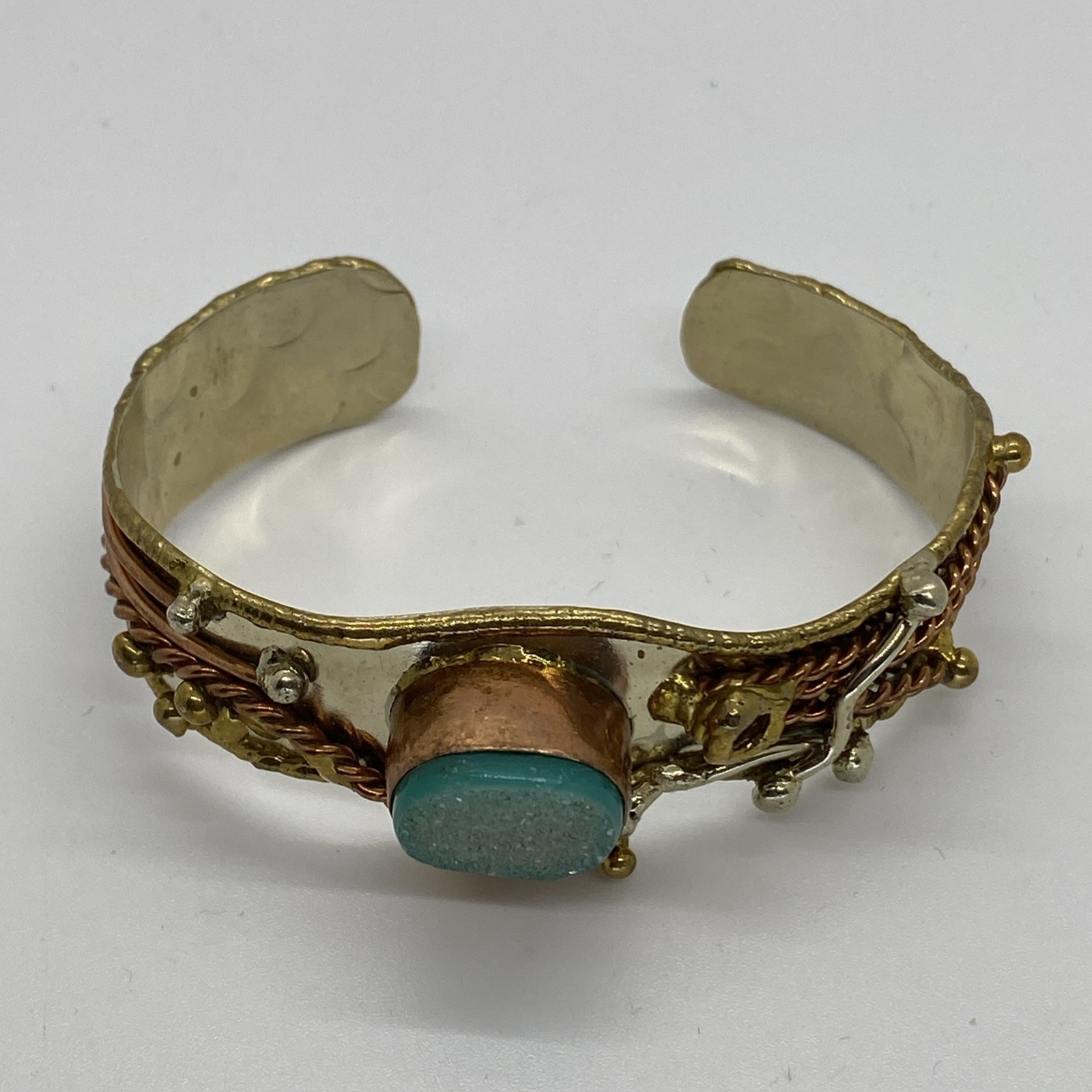 Lot 2 Artisan Brutalist 1″ Cuff Bracelets Silver-tone Brass Copper Natural Stone