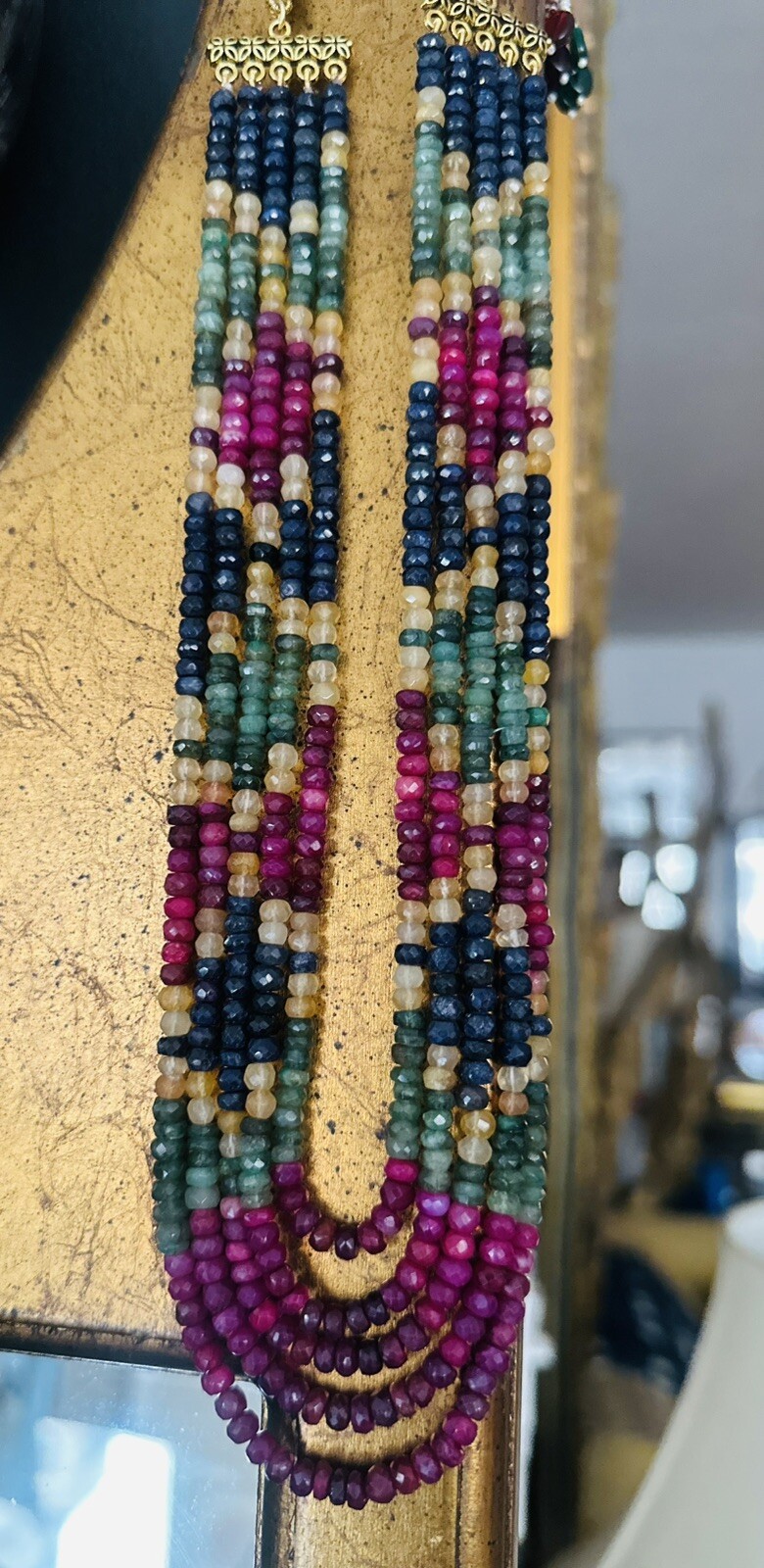 Vtg genuine emerald,sapphire,ruby strings multicolor necklace south western styl