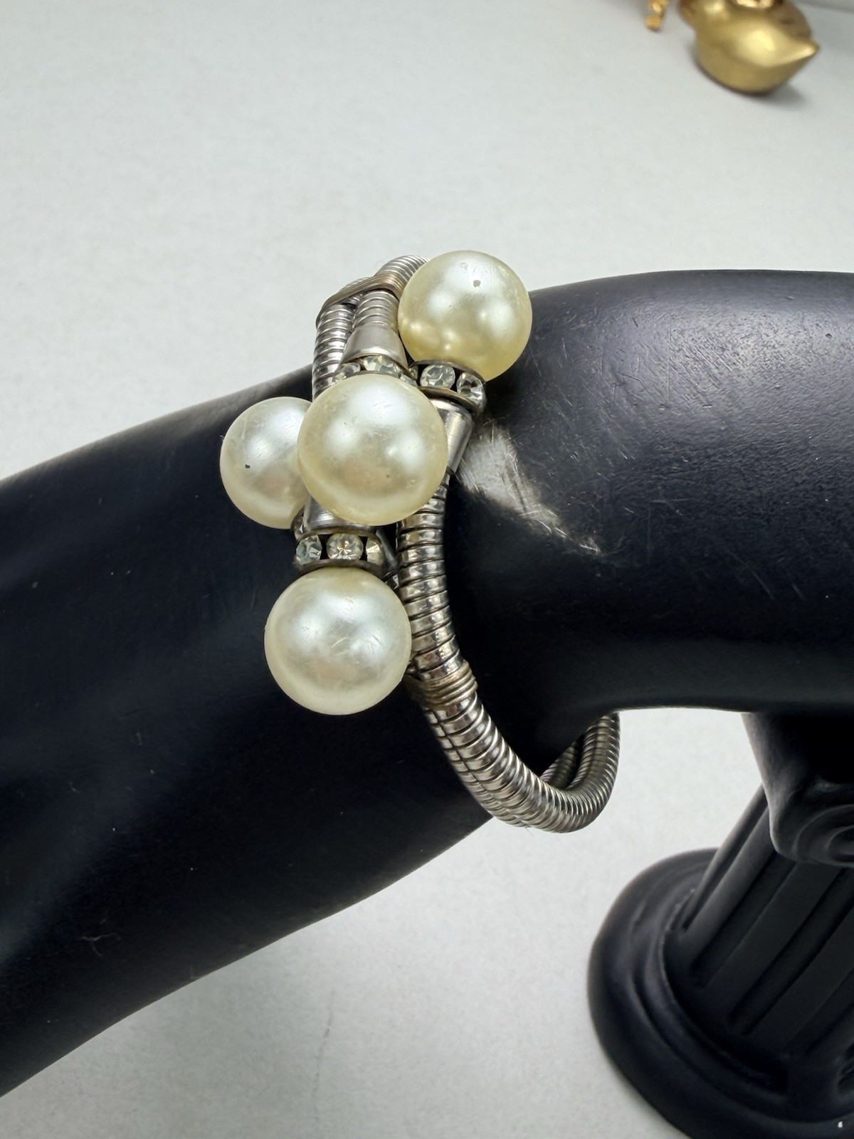 Pearl Rhinestone Wrap Bracelet Multi Strand Silver Tone Statement