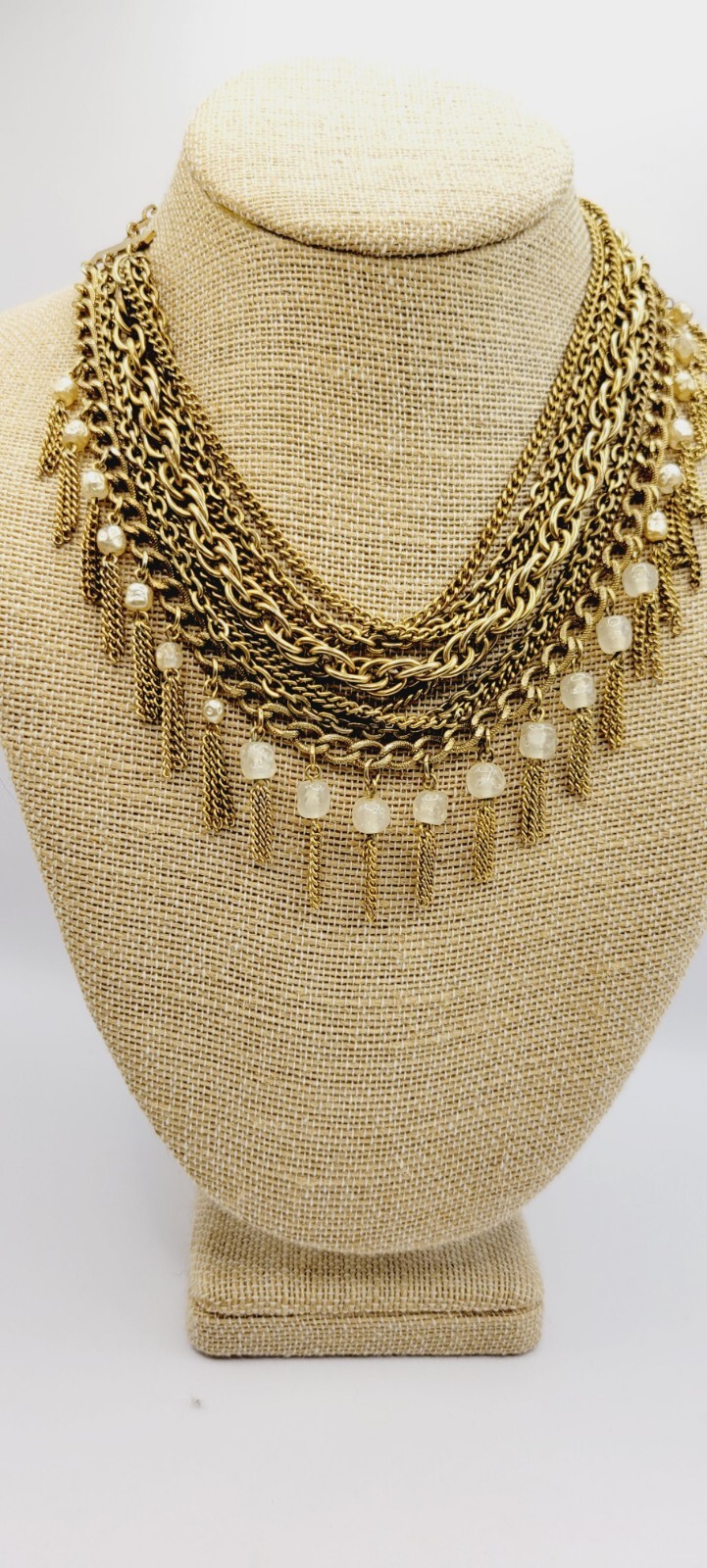Fringe Necklace Vintage 8 Layers Layered Gold tone Multichain Beaded 16.5″