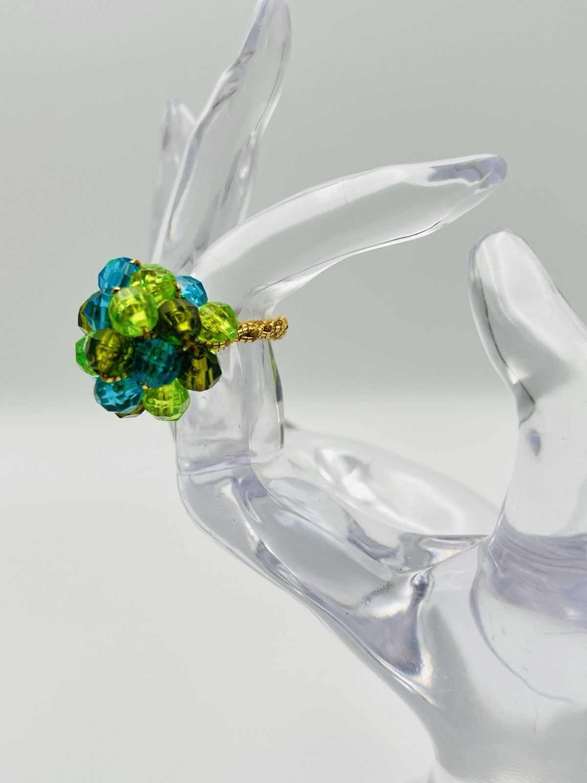 Vintage 1940’s Blue, Green & Gold Beaded Cluster Ring on Stretch Band