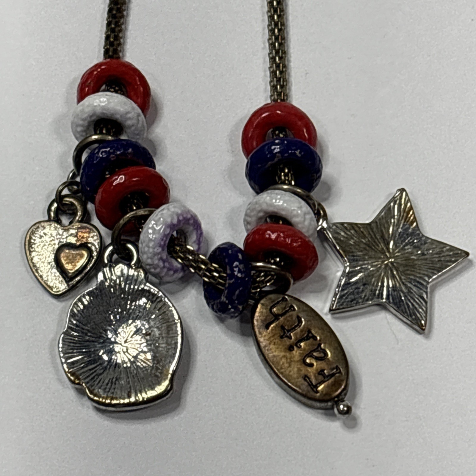 Patriotic Charm Necklace 4th of July Flag 18” Popcorn Chain Red White Blue