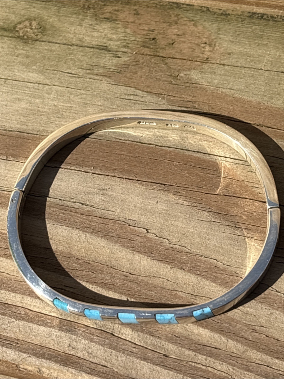 ATI Mexico 925 Sterling Silver Turquoise Hinged Bangle Bracelet Signed