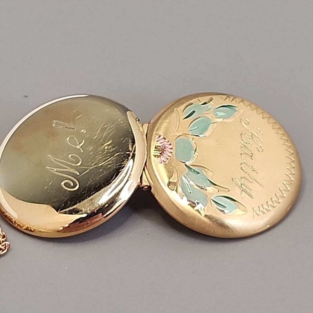 Vintage Locket Necklace Etched Kathy Gold Filled Enamel Accents 18″