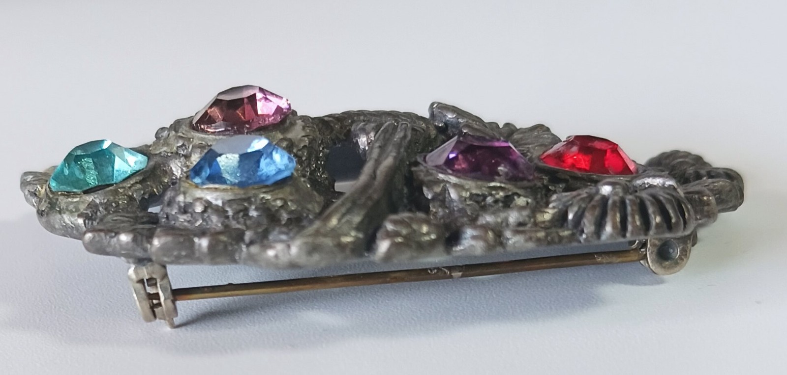 Vintage Dark Silver Flower Basket Brooch w Large Red, Purple, Blue Glass? Stones