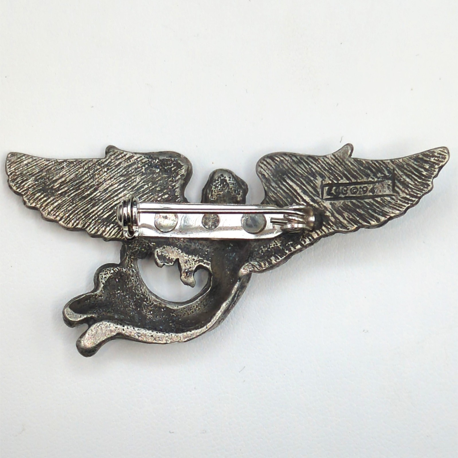 Brooch Pin Vintage Angel Heart Rhinestone Wings Signed EJC or EGC 1994 Pewter?