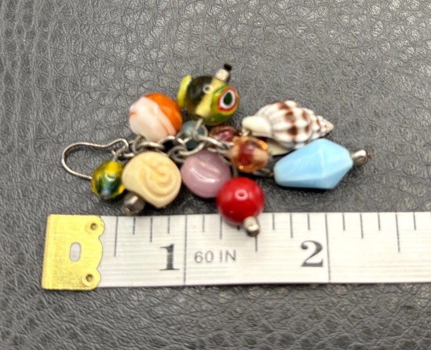 Vintage Multicolor Italian Art Glass Bead Charm Dangle Drop Earrings Shell