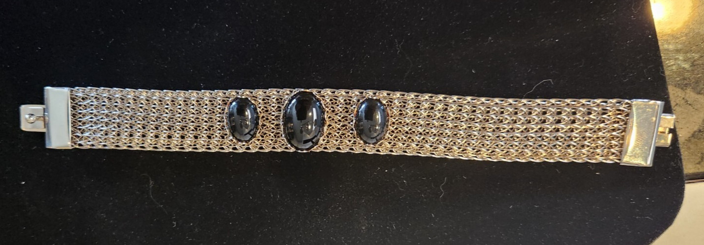 Vintage Silver Tone Mesh Cuff Bracelet with Black Onyx Cabochons 7 in.
