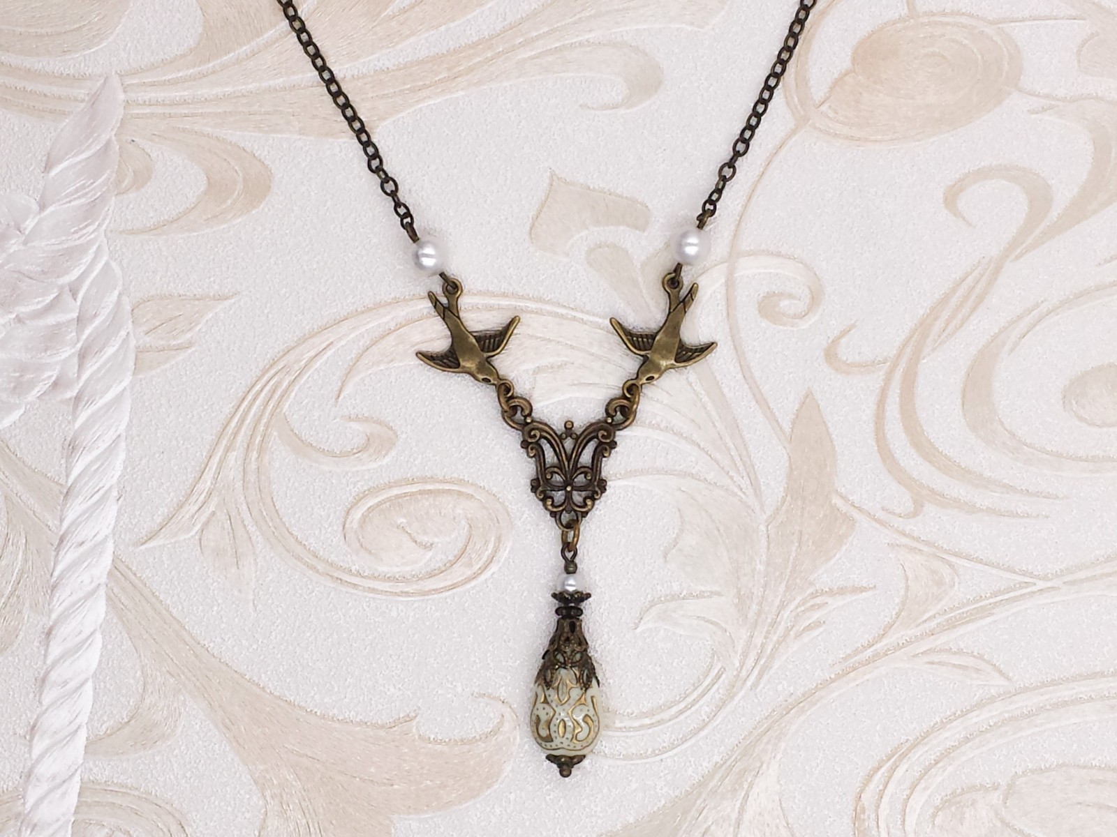Victorian Necklace- Cream Acrylic Bead Simulated Crystal Pearl Antiqued Bird