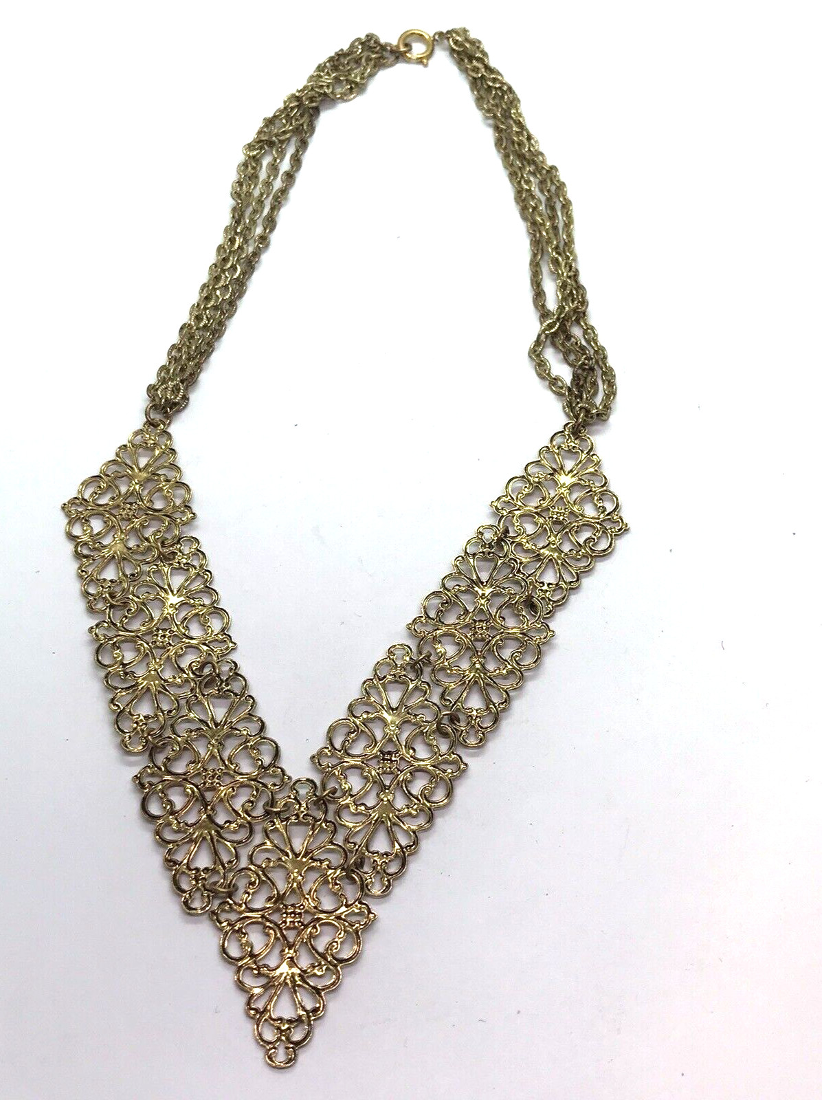 Vintage Necklace filigree Panels Gold Tone Chains Mod Retro Metal