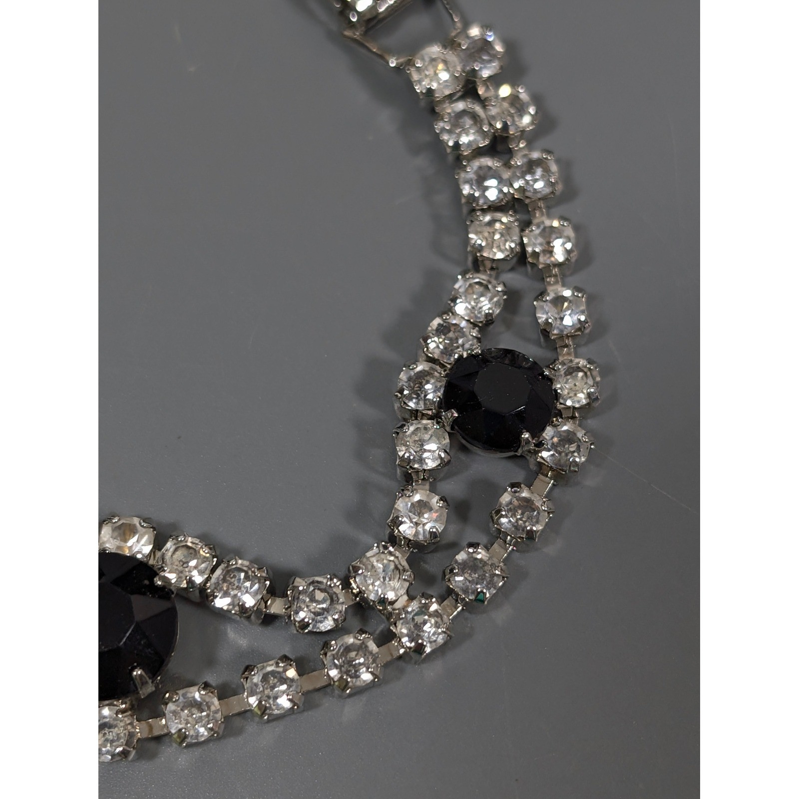 Vintage Black Clear Rhinestone Bracelet Silver Tone Glass Stones 7 Inch