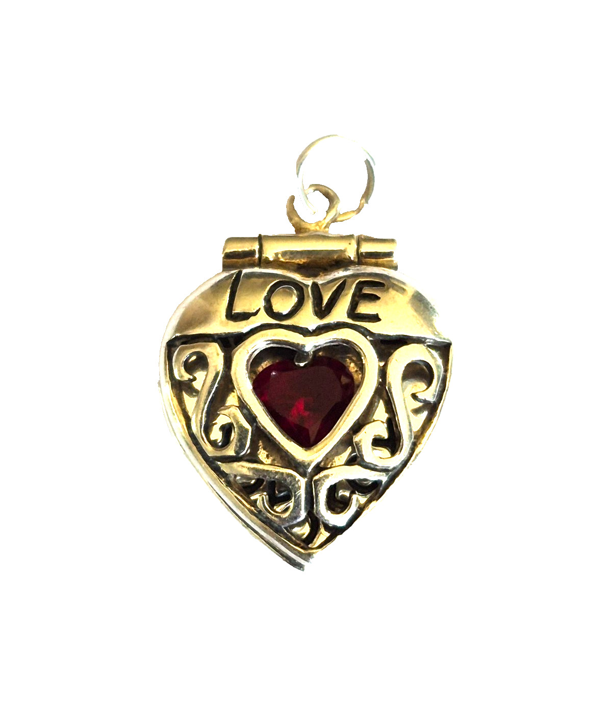 Vintage Sterling Silver Marked SU Ruby Scroll Work Double Heart Love Pendant
