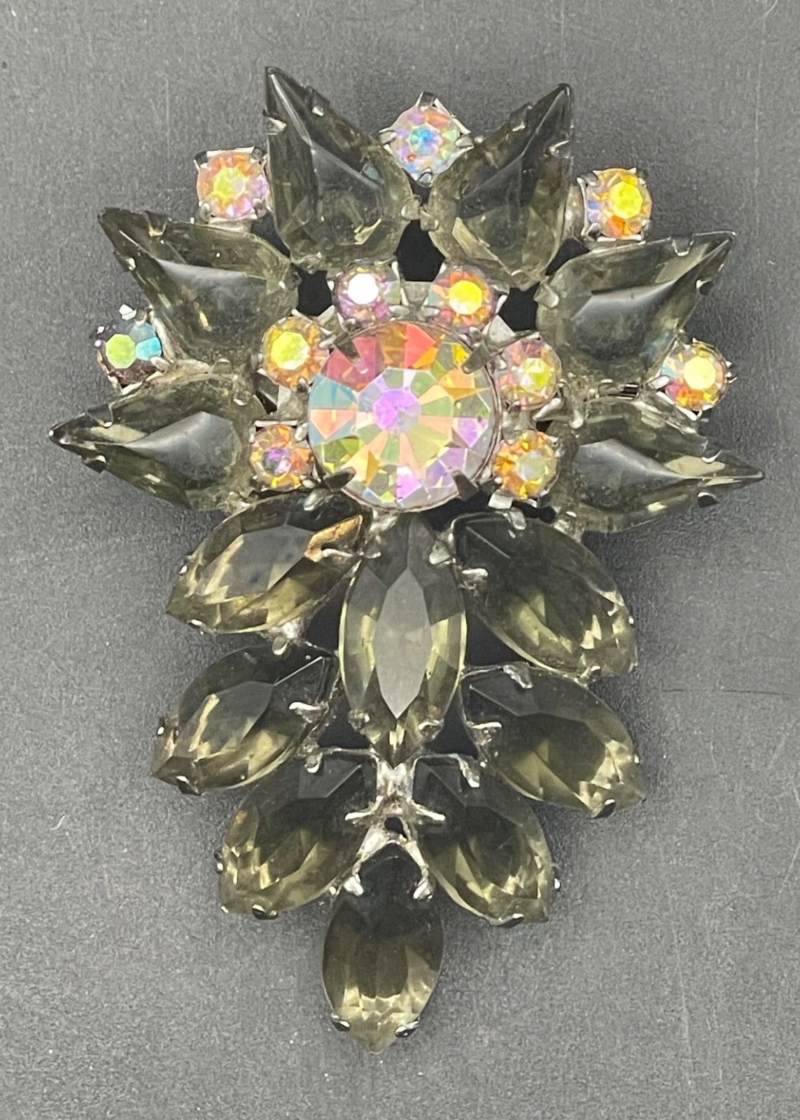 Vintage Czech Brooch, Large Brooch with Rhinestone, Aurora Borealis Brooch