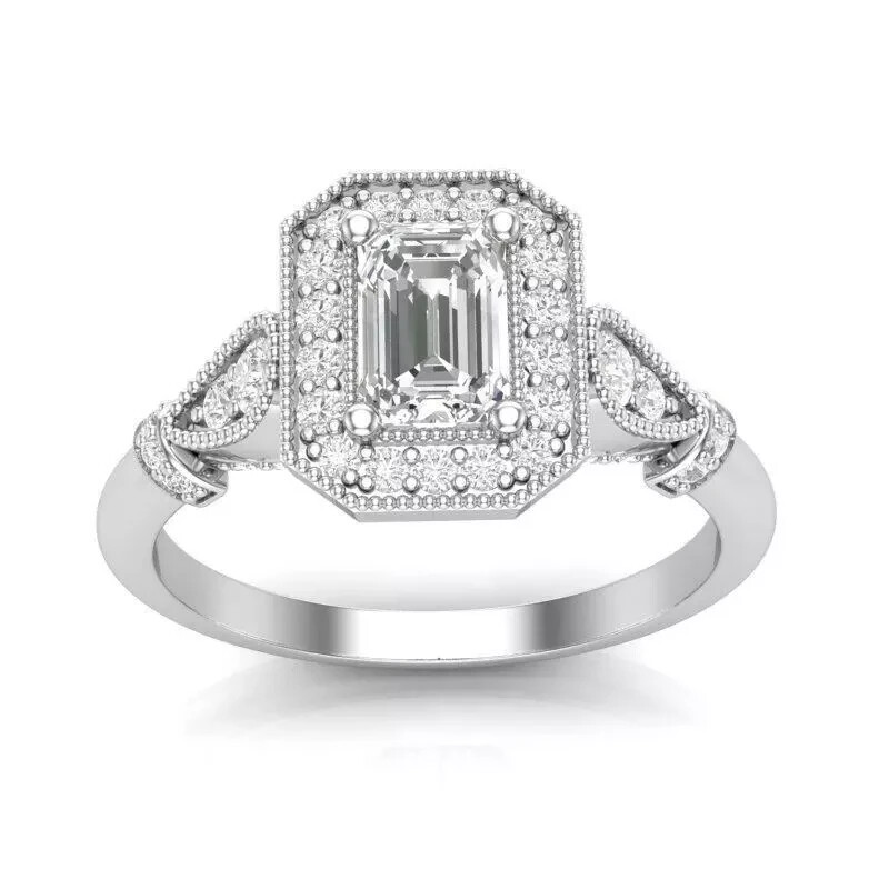 Emerald Cut Lab Created Diamond Art Deco Style Wedding Ring 14k White Gold FN