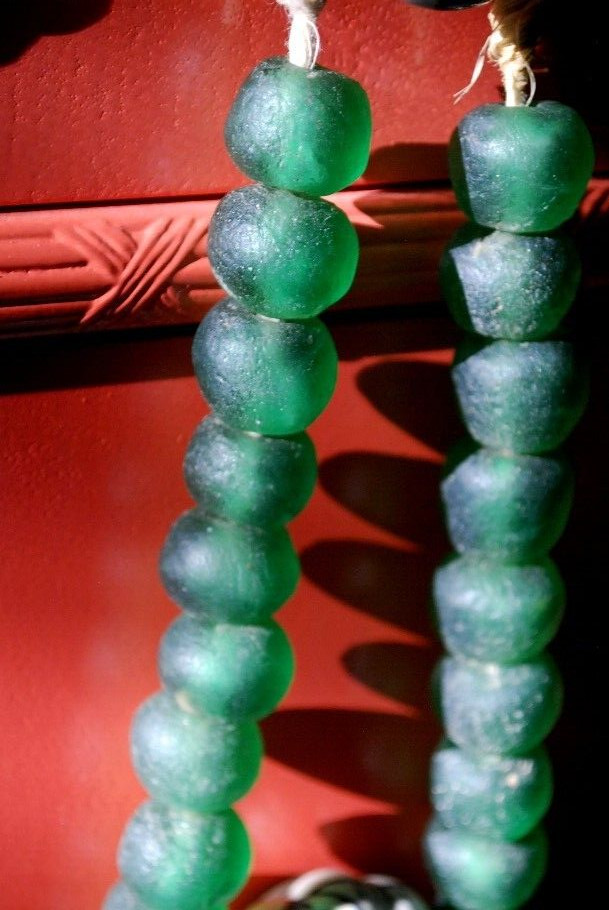 HUGE Recycled SEA GLASS STATEMENT NECKLACE Matte Green 23mm AFRICAN TRADE BEADS