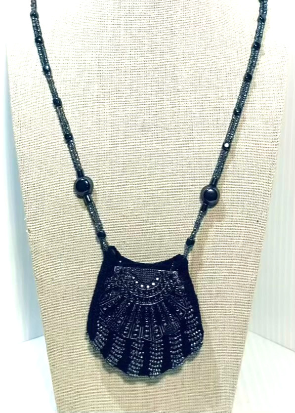 Miniature Beaded Purse Necklace Shell Shaped Black Gray Amulet Keepsake Holder