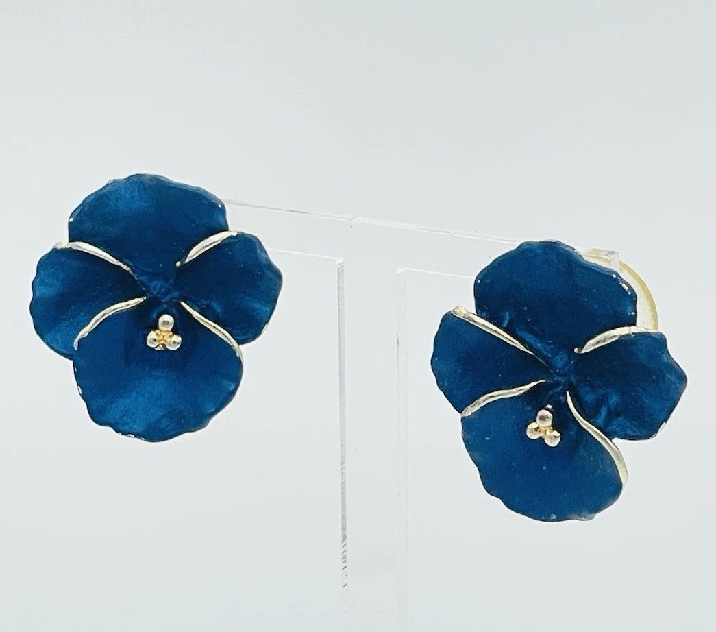Signed CB Ceramic Violet Flower Stud Earrings Hand Painted Matte Blue Gold