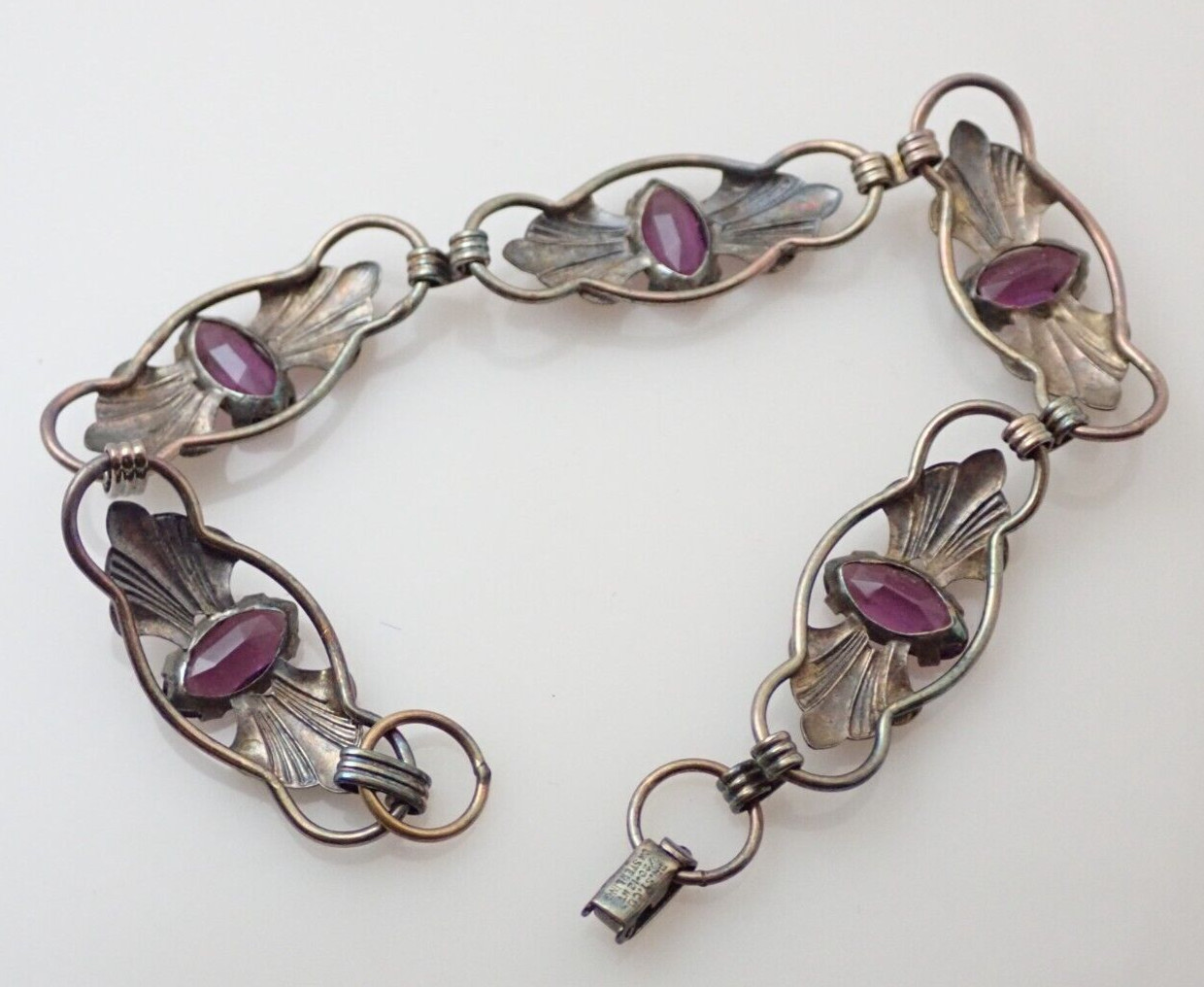 Vintage 12k Gold Filled Sterling Silver Purple Glass Stone Link 7.25″ Bracelet
