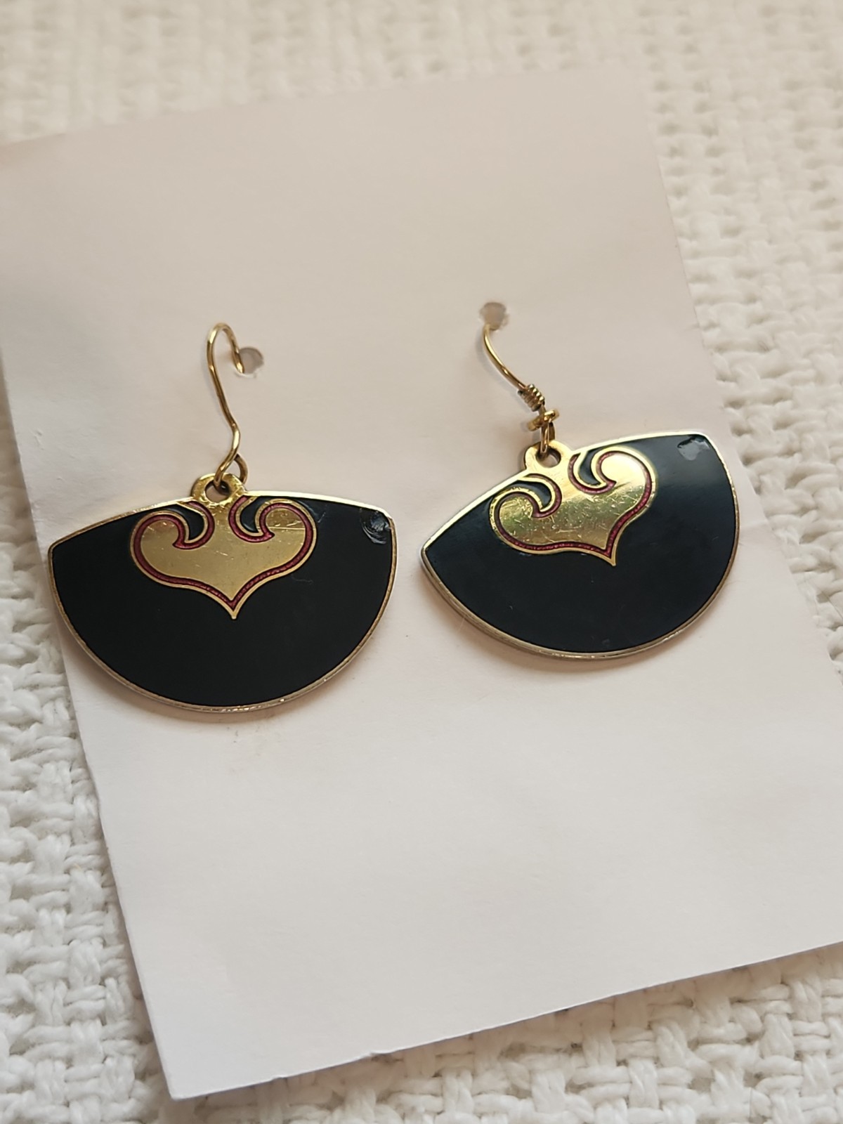 1980s Laurel Burch Deco Fan Earrings Black/Red/Gold Tone Hook