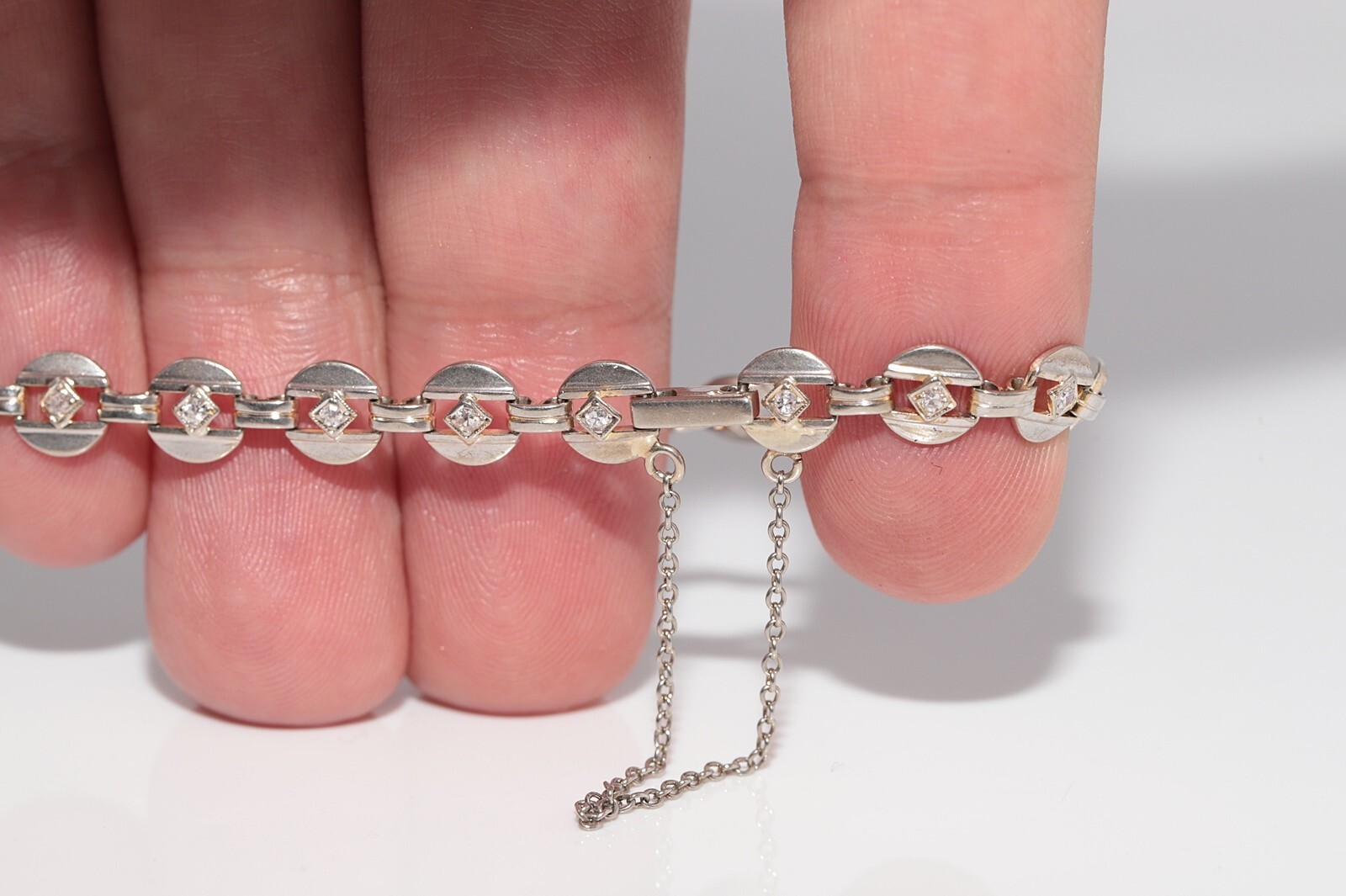 Antique Circa 1920s Art Deco 14k Gold Natural Diamond Decorated Tennis Bracelet